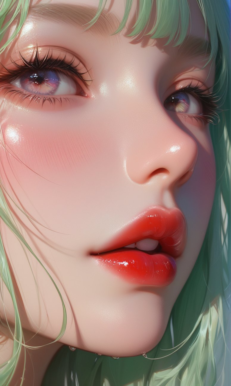 score_9, score_8_up, score_7_up, Girl's profile picture, light green long hair with bangs, long eyelashes, light blushed cheeks, glossy red lips, realistic skin texture, detailed picture, close-up, perfect face, HD32k