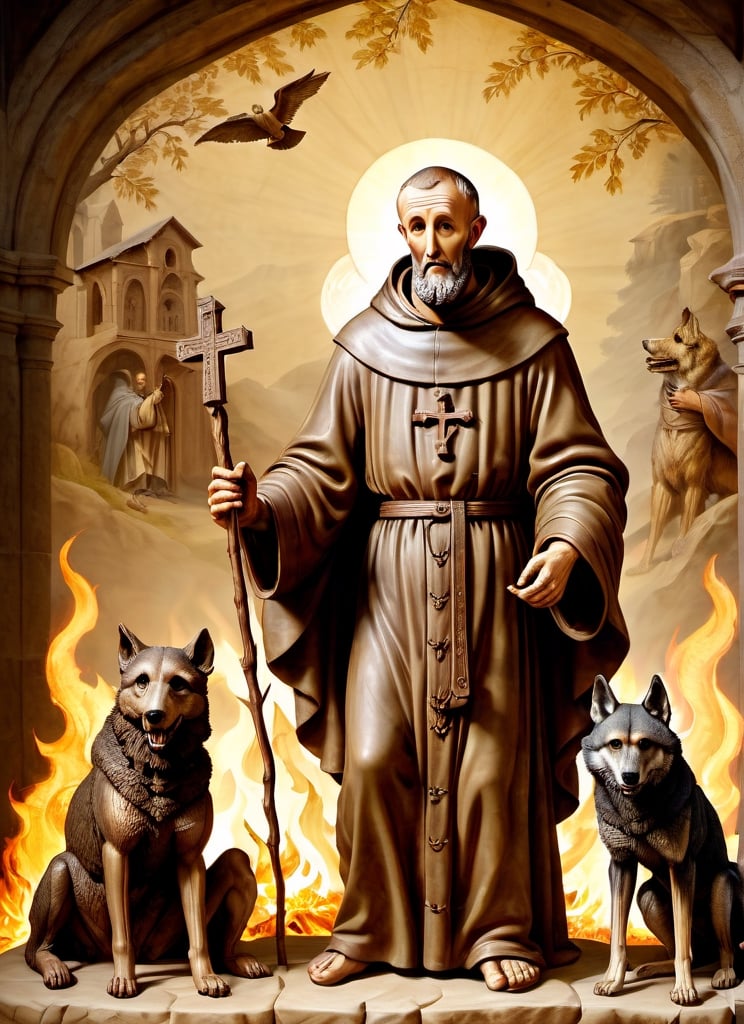 masterpiece, full body stone sculture of Saint Francis of Assisi, 30 years old, standing, sandals, man, beard, monk tonsure, masculine, large brown habit, with a skull in one hand, in the company of a wolf,on parchment,HellAI,fire,Movie Still,oni style