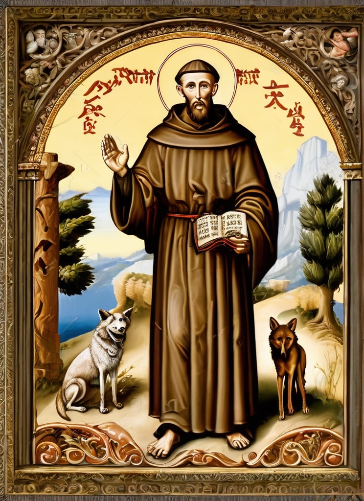 masterpiece, full body portrait Saint Francis of Assisi, 30 years old,  in the company of a wolf, standing, sandals, man, beard, monk tonsure, masculine, large brown habit, with a skull in one hand, ,3DMM,DisembodiedHead,holding head,headless,renaissance,maxMP3_soul3142, 1boy