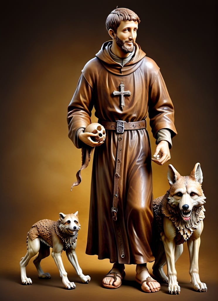 (masterpiece),(ultra realistic), (Highly detailed), ((full body sculpture of a young Saint Francis of Assisi)), ((28 years old)), standing, sandals, beard, large brown habit, (holding a skull in his hand), a single happy wolf at his side,male,mascot logo