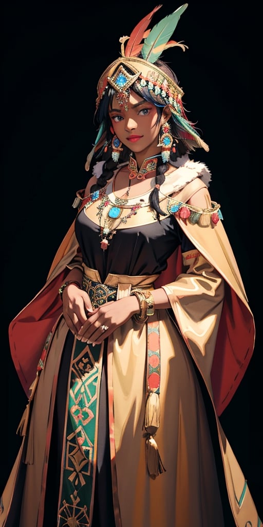 Tarot card with a frontal fullbody portrait of a dark-skinned Inca princess with a multicolored feather headdress | one-piece long winter dress | round gold earrings | gold bracelet | collarless dress | native | incredibly detailed | ornaments | high definition | conceptual art | digital art | vibrant,tibet,wearing wrenchpjbss,ohara koson,neon_nouveau,hanfulolita,gl4ss