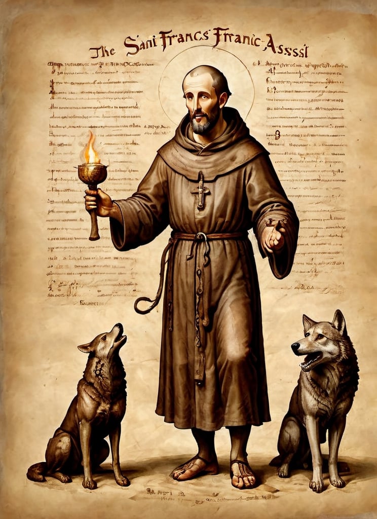 masterpiece, full body stone sculture of Saint Francis of Assisi, 30 years old, standing, sandals, man, beard, monk tonsure, masculine, large brown habit, with a skull in one hand, in the company of a wolf,on parchment,HellAI,fire,Movie Still