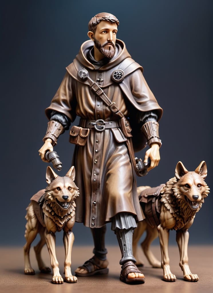 (masterpiece),(ultra realistic), (Highly detailed), ((full body sculpture of a young Saint Francis of Assisi)), ((28 years old)), standing, sandals, beard, large brown habit, (holding a skull in his hand), a single happy wolf at his side,ActionFigureQuiron style,Wizard,cyberpunk style,steampunk style