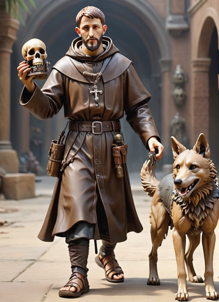 (masterpiece),(ultra realistic), (Highly detailed), ((full body sculpture of a young Saint Francis of Assisi)), ((28 years old)), standing, sandals, beard, large brown habit, (holding a skull in his hand), a single happy wolf at his side,ActionFigureQuiron style,Wizard,cyberpunk style,steampunk style,detailmaster2,Monster,IMGFIX