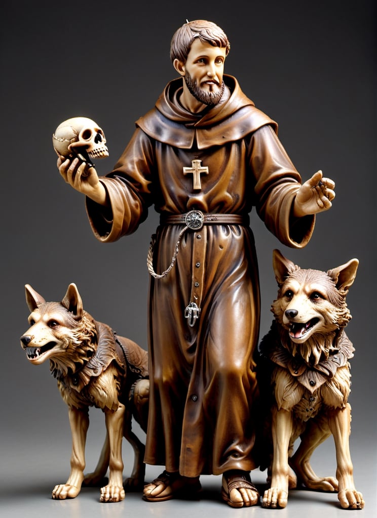 (masterpiece),(ultra realistic), (Highly detailed), ((full body sculpture of a young Saint Francis of Assisi)), ((28 years old)), standing, sandals, beard, large brown habit, (holding a skull in his hand), a single happy wolf at his side,male,mascot logo