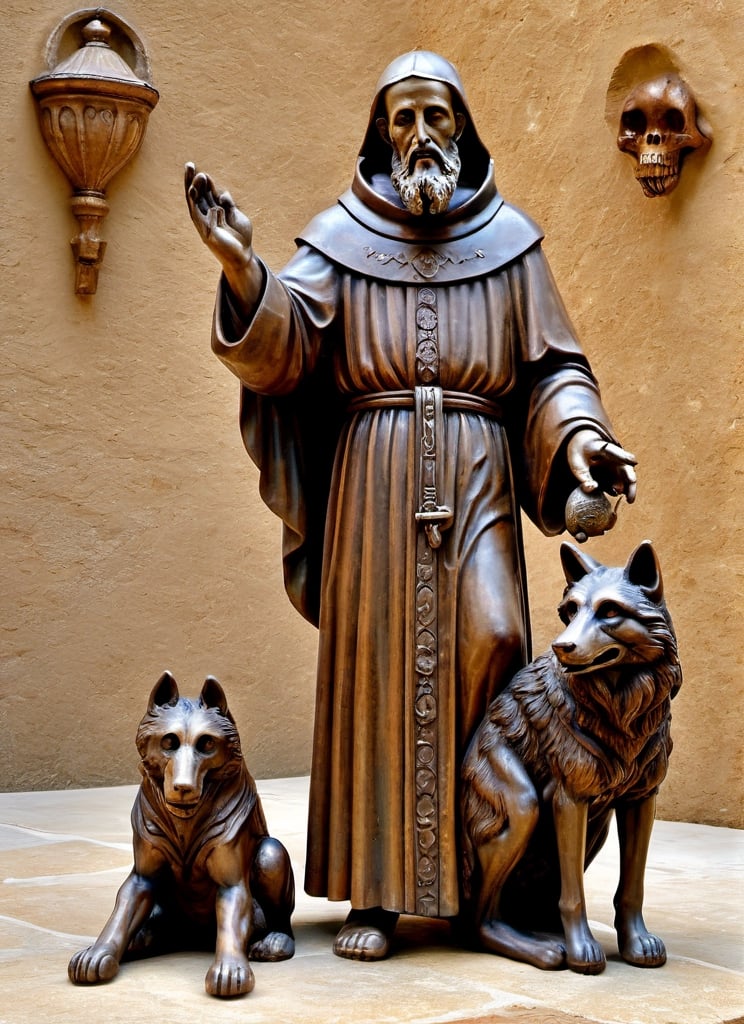 masterpiece, full body stone sculture of Saint Francis of Assisi, 30 years old,  in the company of a wolf, standing, sandals, man, beard, monk tonsure, masculine, large brown habit, with a skull in one hand, ,3DMM,DisembodiedHead,holding head,headless,renaissance,maxMP3_soul3142, 1boy