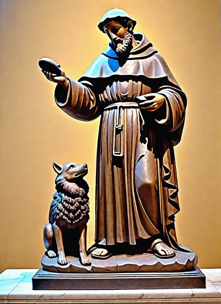 masterpiece, (full body stone sculpture of a young Saint Francis of Assisi), ((28 years old)), standing, sandals, beard, monk tonsure, large brown habit, (holding a skull in his hand), a happy wolf at the side,DonML4zrP0pXL