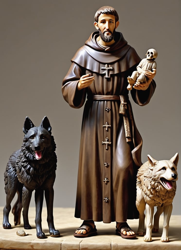(masterpiece),(ultra realistic), (Highly detailed), ((full body sculpture of a young Saint Francis of Assisi)), ((28 years old)), standing, sandals, beard, large brown habit, (holding a skull in his hand), a happy wolf at the side,aw0k geometry,detailmaster2,digital painting,6000,Long hair ,Black hair ,renaissance,dfdd,EpicSky