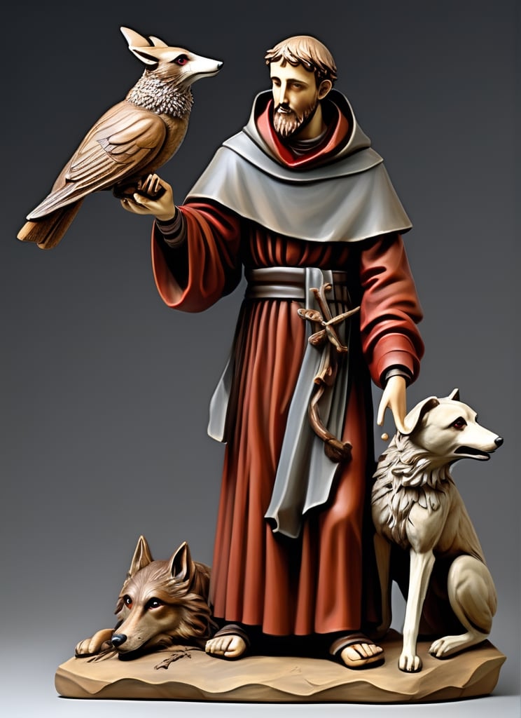 (masterpiece),(ultra realistic), (Highly detailed), ((full body sculpture of a young Saint Francis of Assisi)), ((28 years old)), standing, sandals, beard, large brown habit, (holding a skull in his hand), one and only happy wolf at the side,aw0k geometry,detailmaster2,digital painting,6000,Long hair ,Black hair ,renaissance,dfdd,EpicSky,2d_animated,fauna_portrait,Germany Male,High detailed ,Red eyes ,France Male,Leonardo Style