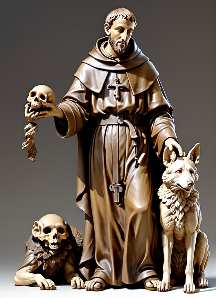 (masterpiece),(ultra realistic), (Highly detailed), ((full body sculpture of a young Saint Francis of Assisi)), ((28 years old)), standing, sandals, beard, large brown habit, (holding a skull in his hand), a happy wolf at the side,aw0k geometry,detailmaster2,digital painting,6000