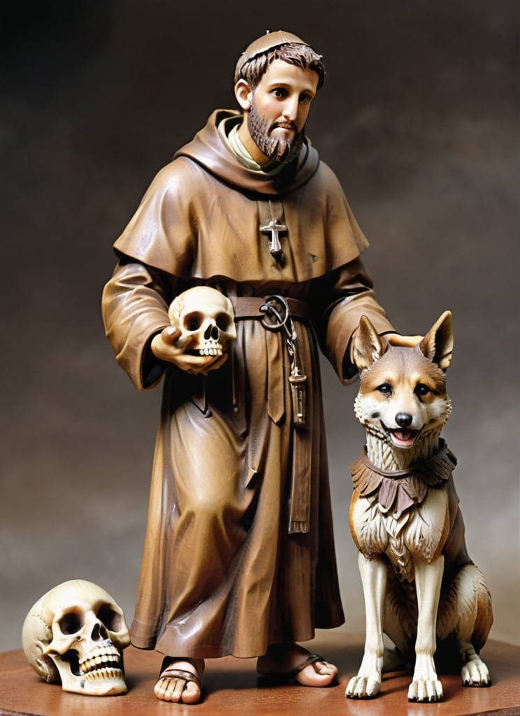 (masterpiece),(ultra realistic), (Highly detailed), ((full body sculpture of a young Saint Francis of Assisi)), ((28 years old)), standing, sandals, beard, large brown habit, (holding a skull in his hand), a single happy wolf at his side,male