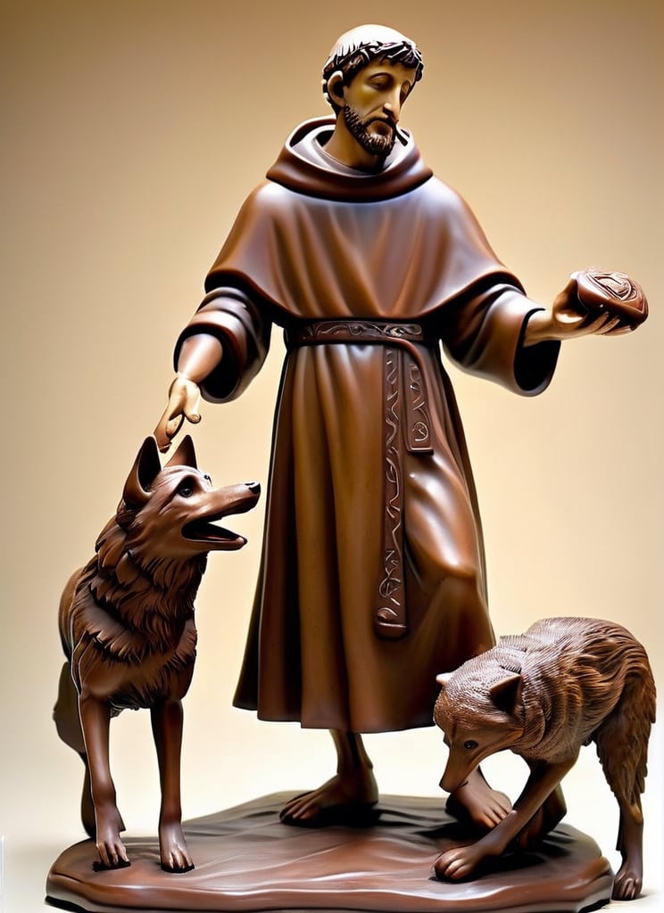 (masterpiece),(ultra realistic), (Highly detailed), ((full body sculpture of a young Saint Francis of Assisi)), ((28 years old)), standing, sandals, beard, large brown habit, (holding a skull in his hand), a single happy wolf at his side,Chocolate 
