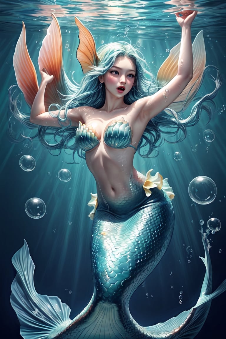 mermaid, siren, swimming, dancing, arms out, underwater, bubbles, viridian gradient fish scale body, perfect, realistic, symmetrical, face, insanely detailed hands, hyper realistic hands, perfect ,better_hands,huoshen,WaterAI