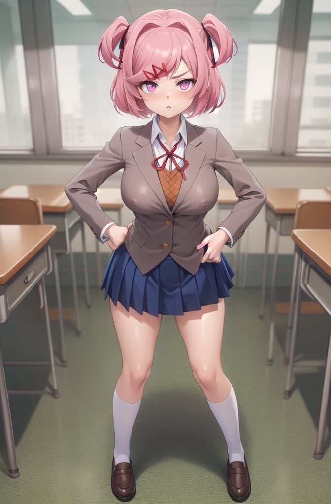 21yo girl, professional photo, stunningly beautiful girl, full body, standing, (long legs), (defined body), highly detailed eyes, extremely detailed, center image, bright sides, masterpiece, anime, highly detailed, 1girl, solo, natsuki , pink eyes, pink hair, medium hair, two side up, hair ribbon, hair ornament, school uniform, blazer, brown sweater, collared shirt, neck ribbon, blue skirt, standing, hands on hips, pouty lips, classroom,school uniform,

((pointing upwards breasts, extreme pointy breasts, nipple bulge)),
