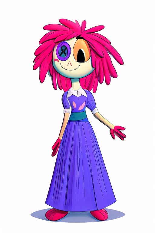 (Ragatha), masterpiece, best quality, ((High detailed)), color magic, saturated colors, ((white plain background)), full body, doll, red hair, pasta hair, curls, triangle nose, button as an eye, blue button, missing left eye, button as left eye, missing feet, dress, blue dress, sewn dress, many patches on the dress, smiling