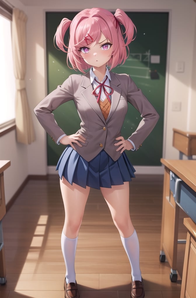 21yo girl, professional photo, stunningly beautiful girl, full body, standing, (long legs), (defined body), highly detailed eyes, extremely detailed, center image, bright sides, masterpiece, anime, highly detailed, 1girl, solo, natsuki , pink eyes, pink hair, medium hair, two side up, hair ribbon, hair ornament, school uniform, blazer, brown sweater, collared shirt, neck ribbon, blue skirt, standing, hands on hips, pouty lips, classroom,school uniform,

((small breasts, small pointy breasts, nipple bulge)),