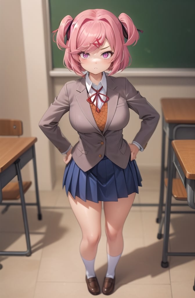 21yo girl, professional photo, stunningly beautiful girl, full body, standing, (long legs), (defined body), highly detailed eyes, extremely detailed, center image, bright sides, masterpiece, anime, highly detailed, 1girl, solo, natsuki , pink eyes, pink hair, medium hair, two side up, hair ribbon, hair ornament, school uniform, blazer, brown sweater, collared shirt, neck ribbon, blue skirt, standing, hands on hips, pouty lips, classroom,school uniform,

((extreme narrow waist, extreme thin body, extreme fat breasts, the most softtest breasts)),