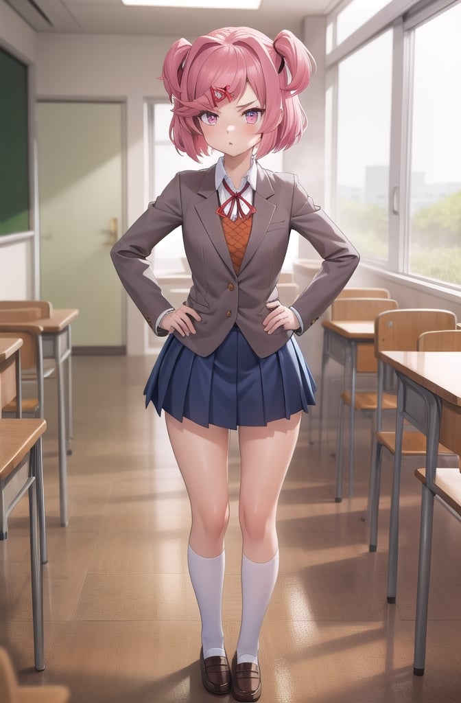 21yo girl, professional photo, stunningly beautiful girl, full body, standing, (long legs), (defined body), highly detailed eyes, extremely detailed, center image, bright sides, masterpiece, anime, highly detailed, 1girl, solo, natsuki , pink eyes, pink hair, medium hair, two side up, hair ribbon, hair ornament, school uniform, blazer, brown sweater, collared shirt, neck ribbon, blue skirt, standing, hands on hips, pouty lips, classroom,school uniform,

((extreme skinny, unhealthy skinny)),