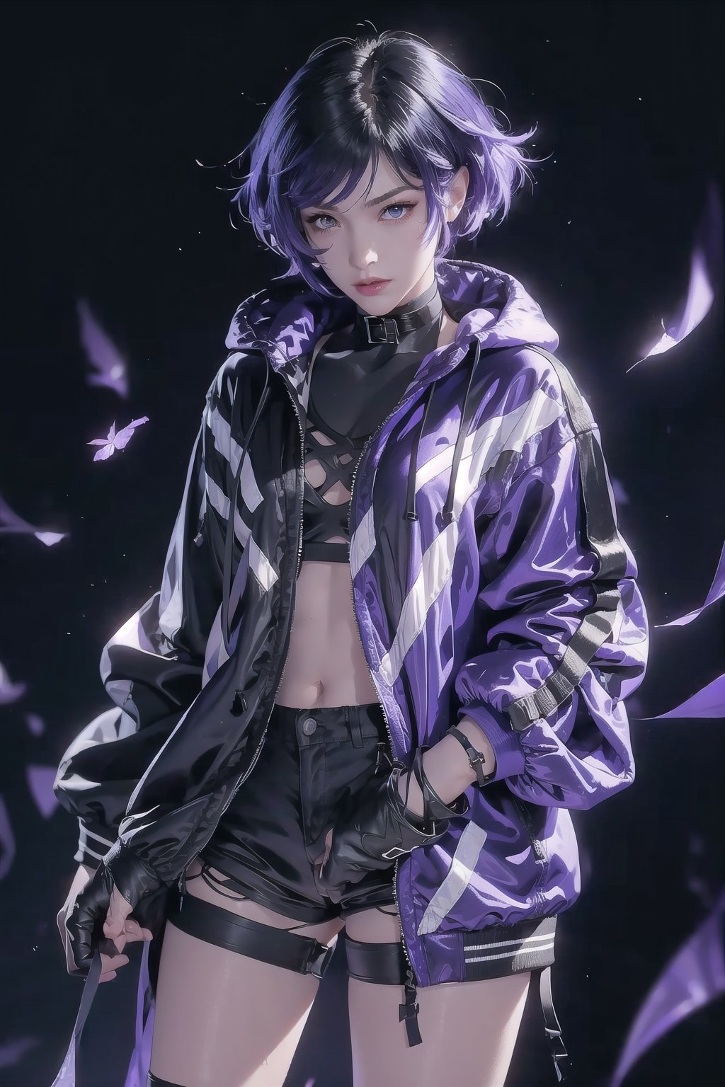 (masterpiece), best quality, high resolution, extremely detailed, detailed background, Detailedface, 1 girl, solo, reina, multicolored hair, purple eyes, choker, purple jacket, see-through, black shirt, black shorts, fingerless gloves, pantyhose, abstract background, scenary, grumpy face, makeup, purple lipstick, beautiful eyes, curvy, slim waist, 🌃🌆.