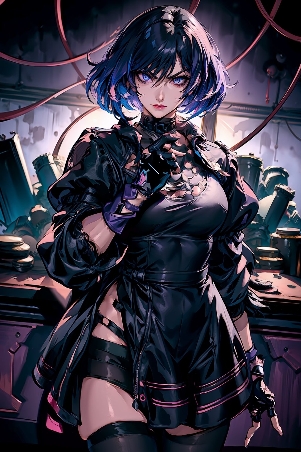(masterpiece), best quality, high resolution, extremely detailed, detailed background, 1 girl, solo, reina, multicolored hair, purple eyes, choker, fingerless gloves, abstract background, scenary, grumpy face, makeup, purple lipstick, beautiful eyes, curvy, slim waist, 🌃🌆.