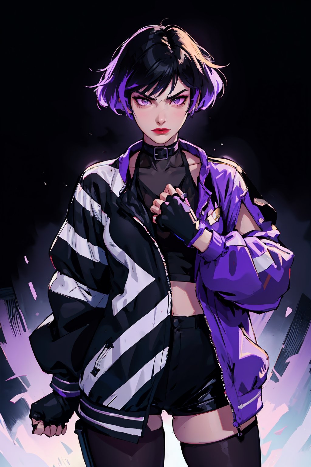 (masterpiece), best quality, high resolution, extremely detailed, detailed background, better_hands, (hands:1.1), Detailedface, 1 girl, solo, reina, multicolored hair, purple eyes, choker, purple jacket, see-through, black shirt, black shorts, fingerless gloves, pantyhose, abstract background, scenary, grumpy face, makeup, purple lipstick, beautiful eyes, curvy, slim waist, 🌃🌆.,Pixel art