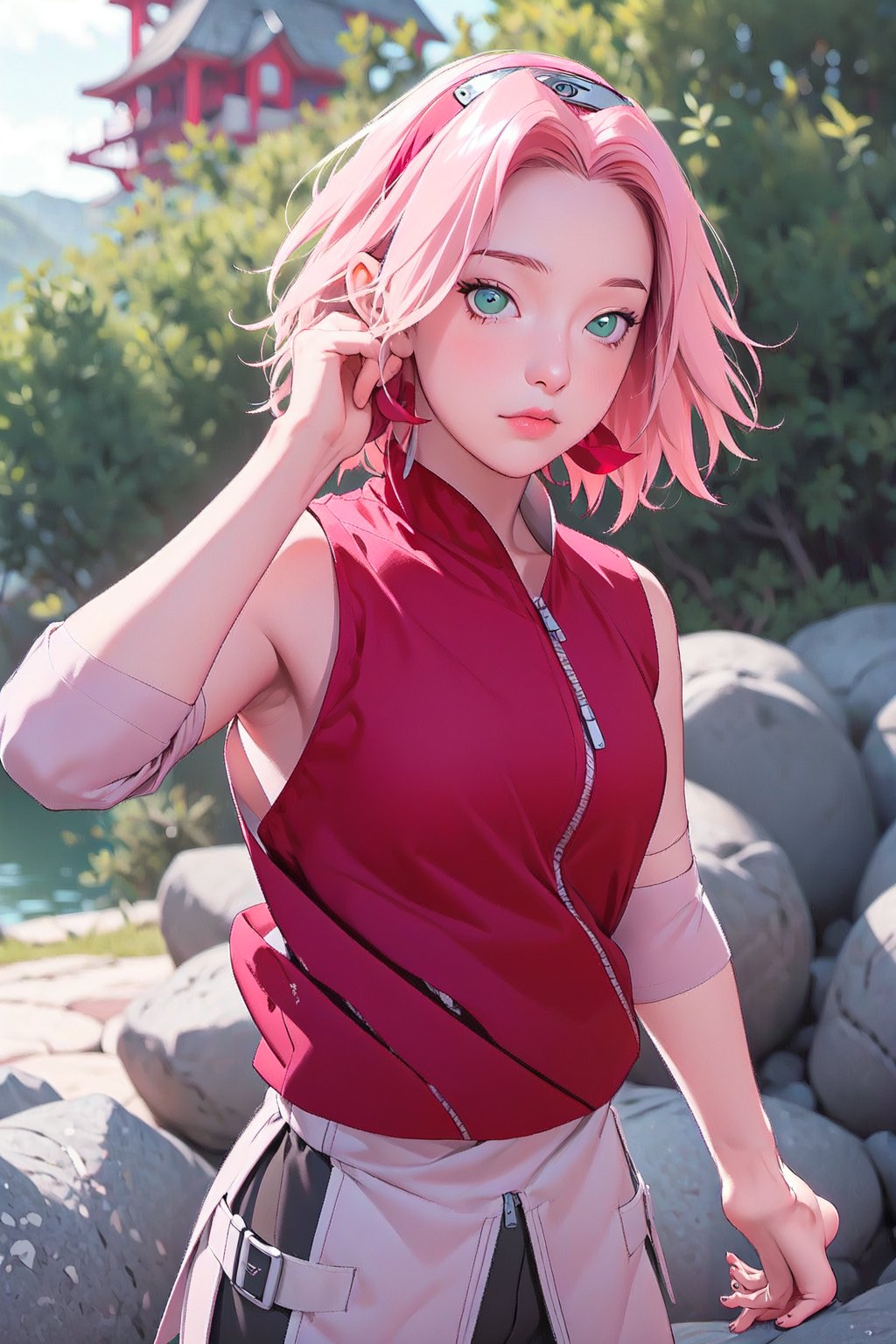 1girl with short pink hair and green eyes named Sakura Haruno in ninja attire, 1man with red hair and green eyes named Gaara, shinobi, ninja, harunoshipp