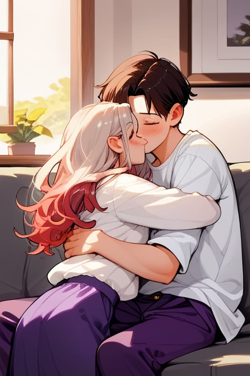 Couple of a corean man and a  girl , light red hair, long hair, white shirt, violet skirt, pocket,edgSDress, hugging in a sofa in house,1boy,becky blackbell,jaeggernawt