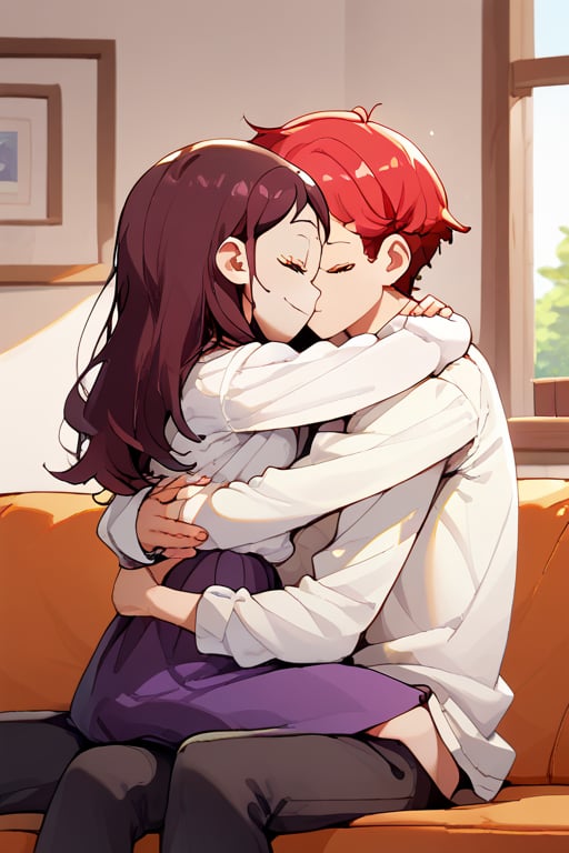 Couple of a corean man and a Real girl for VROID, light red hair, long hair, white shirt, violet skirt, pocket,edgSDress, hugging in a sofa in house,1boy,becky blackbell,jaeggernawt