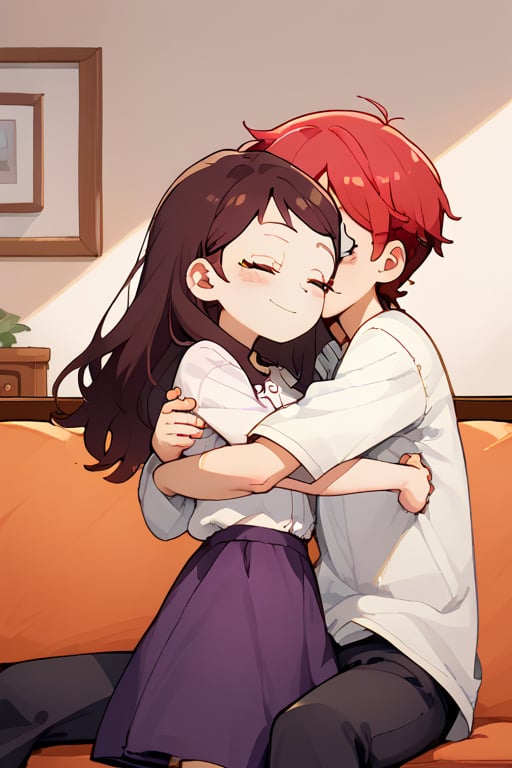 Couple of a corean man and a Real girl for VROID, light red hair, long hair, white shirt, violet skirt, pocket,edgSDress, hugging in a sofa in house,1boy,becky blackbell,jaeggernawt