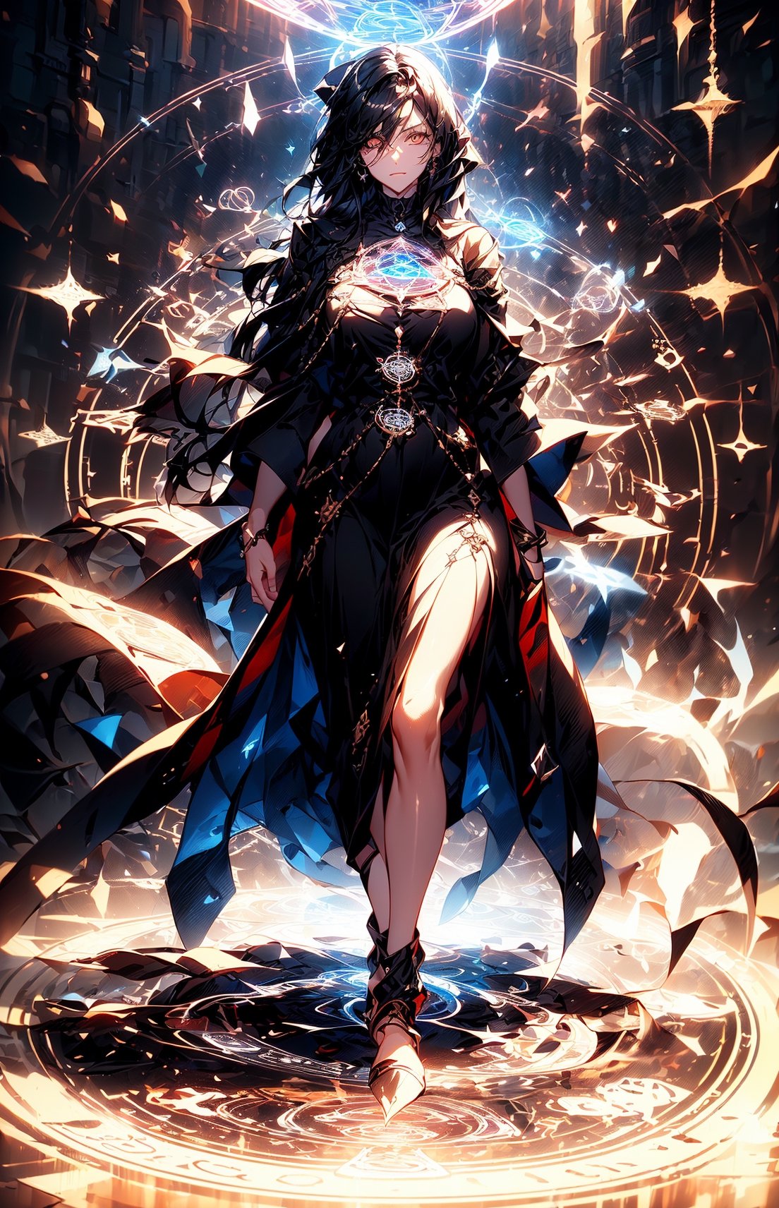(((Standing in the middle of a magic circle lights around floating hair flying, invoking magic))), ((fox_ears)), ((cat_eyes)), moonlight, (((long black-hair:1.3))), (longhairstyle:1.4), ((light orange eyes)), ((1 mature woman)), (busty), large breasts, best quality, extremely detailed, HD, 8k, 1girl, bioluminescence circle 
