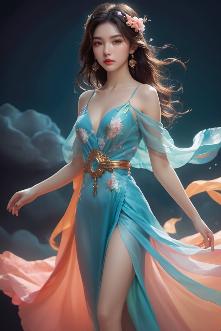 photo of asian goddess ((Full body Ethereal, Ethereal and Delicate Artwork)), vibrant colors, contrasting shadows, aura_glowing, colored_aura, ethereal_clothing, god, beautiful, body, full body, fluffy, hairy, fantasy, hirsute body, subsurface scattering, perfect anatomy, glow, bloom, Bioluminescent liquid, Movie Still, vibrant color, medium breasts, volumetric light (masterpiece, top quality, best quality, official art, beautiful and aesthetic:1.2), (1little girl), extreme detailed, colorful hair, highest detailed, detailed_eyes, light_particles, goddess, cute face, perfect body, five fingers, perfect hands, anatomically perfect body, sexy posture, (biggolden eyes), (black hair), long hair, blue suit, ((whole body)), dance stance, dynamic angle, depth of field, hyper detailed, highly detailed, beautiful, small details, ultra detailed, best quality, 4k, mythical clouds