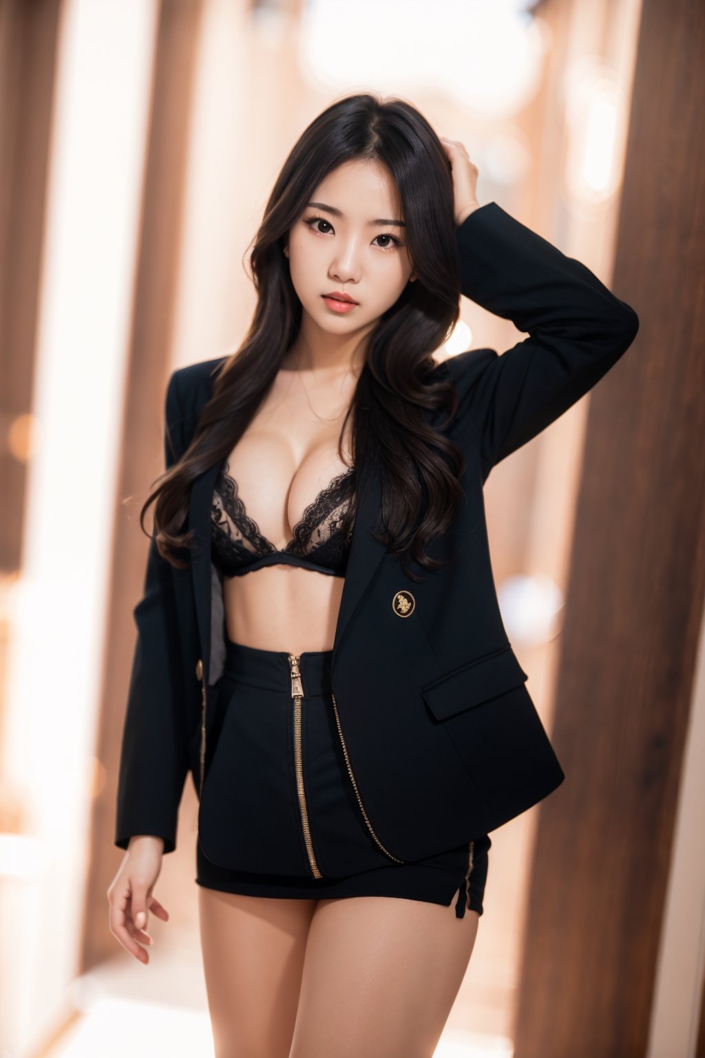 photorealistic,  raw photo, masterpiece, best quality,  8k raw photo, 1girl,  solo, long hair, ultra high resolution, 4K, 8k resolution, Leica L50mm F1.5, solo_female, standing sexy pose, in front of the camera , beautiful face, luxury black blazer, gold embroidery, flirting at viewer, medium_breasts, detailed, perfect body, asian girl, black messy hair, bukake, night beach background, perfect female body, beautiful and aesthetic,1 girl,blurry_light_background,Sexy, pose, Style, Sexy Pose, Woman, Girl,