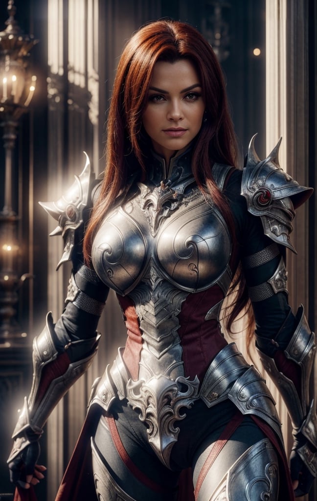 Ultra detailed realistic photo scene UHD 8K HDR, 1 red-haired woman, blue eyes, long hair, slim, perfect model body, super detailed fantasy armor, warrior of xian