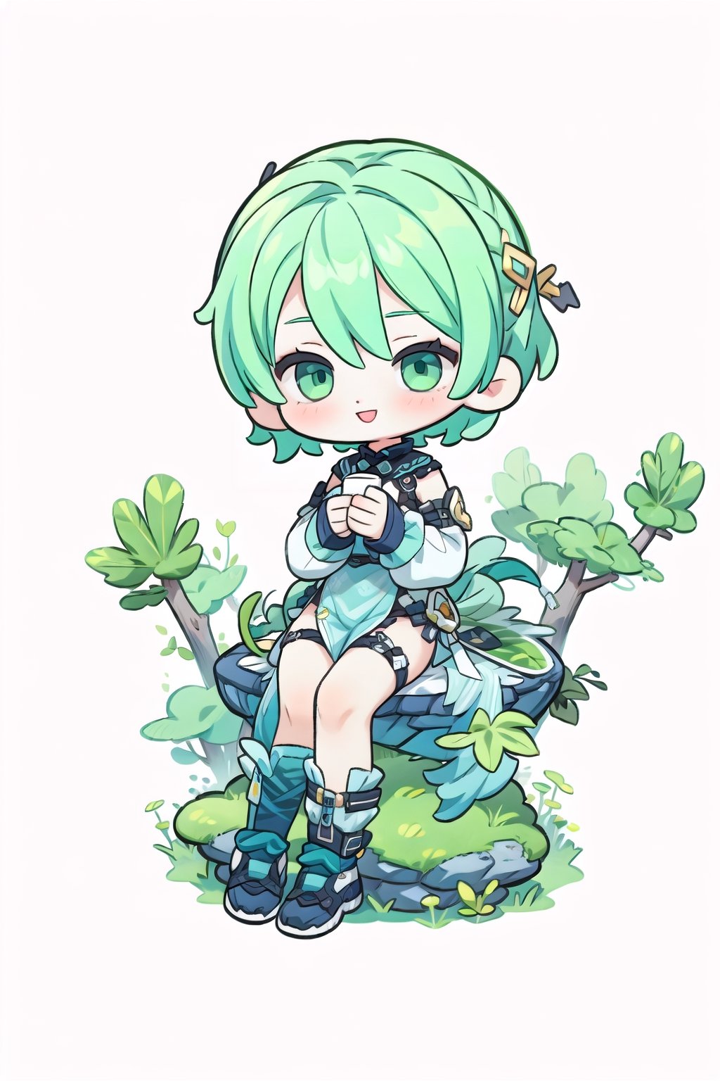 ((1girl)), :),green hair, short hair,  full body,sit, (white background),chibi