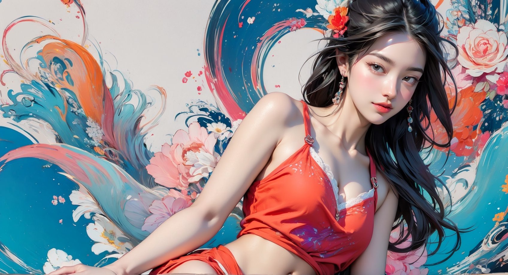 extreme detailed, (masterpiece), (top quality), (best quality), (official art), (beautiful and aesthetic:1.2), (stylish pose), (1 woman), (colorful), (multicolor theme: 1.5), ppcp, medium length skirt, randdom pose, looking into distance, long wave black hair, show navel, random graceful pose, wearing a white tank top with lace, small breasts, upper body, 
perfect,ChineseWatercolorPainting,Chromaspots,fairy,pastelbg,1girl,Half Color,neon background,gongbiv,red dress,colorful_girl