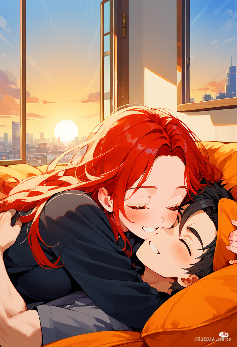 score_9, score_8_up, score_7_up, score_6_up, score_5_up, score_4_up,

1girl (red hair), long_hair, hug, 1boy (black hair), a very handsome man, boy and girl lying on the orange couch, inside of department, boy the boy is on top of the girl, sexy face, girl's shirt raised a little, blushing, eyes closed, smiling, hetero, black clothes, image far from here, crepusculo_sky(picture window) sun, sky, long_sleeves, perfect hands, cityscape, jaeggernawt,girlnohead