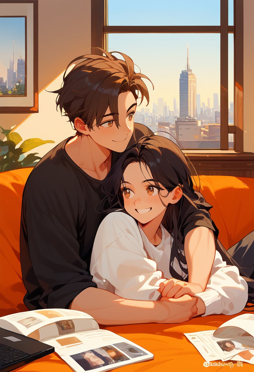 score_9, score_8_up, score_7_up, score_6_up, score_5_up, score_4_up,

1boy (black hair), a very handsome man, boy and girl (red long hair) lying on the orange couch, inside of department, boy hugs the girl from behind, covered with a brown blanket, eyes closed, smiling,brown coffe table (brown)in front with many papers and a laptop on thr table, hetero, black clothes,brown_hair, image far from here, crepusculo_sky(picture window) sun, sky, long_sleeves, perfect hands, cityscape, jaeggernawt,girlnohead