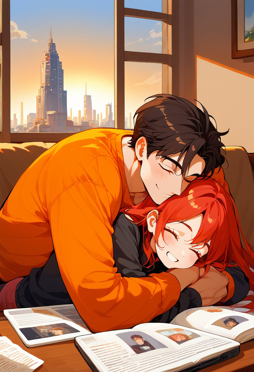 score_9, score_8_up, score_7_up, score_6_up, score_5_up, score_4_up,

1girl (red hair), long_hair, hug, 1boy (black hair), a very handsome man, boy and girl lying on the orange couch, inside of department, boy hugs the girl from behind, covered with a brown blanket, eyes closed, smiling,brown coffe table (brown)in front with many papers and a laptop on thr table, hetero, black clothes, image far from here, crepusculo_sky(picture window) sun, sky, long_sleeves, perfect hands, cityscape, jaeggernawt,girlnohead