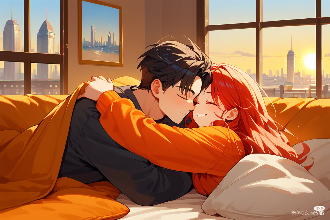 score_9, score_8_up, score_7_up, score_6_up, score_5_up, score_4_up,

1girl (red hair), long_hair, hug, 1boy (black hair), a very handsome man, boy and girl lying on the orange couch, inside of department, boy hugs the girl from behind, covered with a brown blanket, eyes closed, smiling,girl wearing a sexy top, hetero, black clothes, image far from here, crepusculo_sky(picture window) sun, sky, long_sleeves, perfect hands, cityscape, jaeggernawt,girlnohead