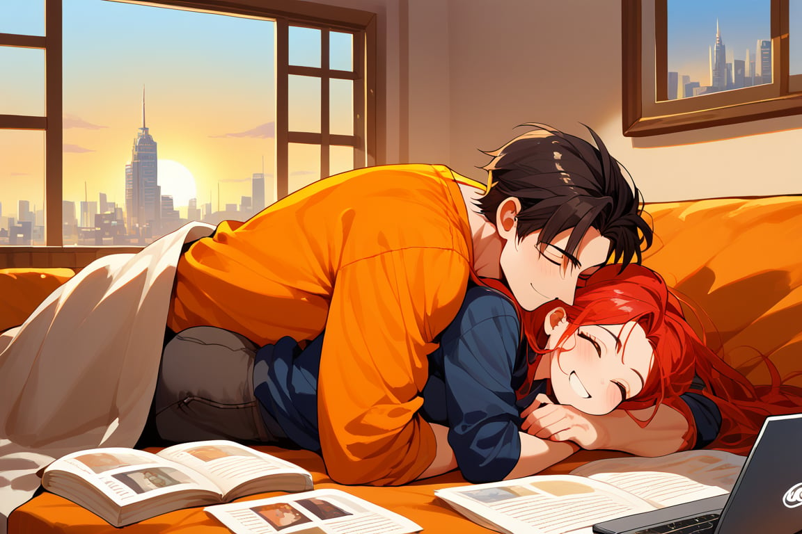 score_9, score_8_up, score_7_up, score_6_up, score_5_up, score_4_up,

1girl (red hair), long_hair, hug, 1boy (black hair), a very handsome man, boy and girl lying on the orange couch, inside of department, boy hugs the girl from behind, covered with a brown blanket, eyes closed, smiling,girl wearing a sexy top, brown coffe table (brown)in front with many papers and a laptop on thr table, hetero, black clothes, image far from here, crepusculo_sky(picture window) sun, sky, long_sleeves, perfect hands, cityscape, jaeggernawt,girlnohead