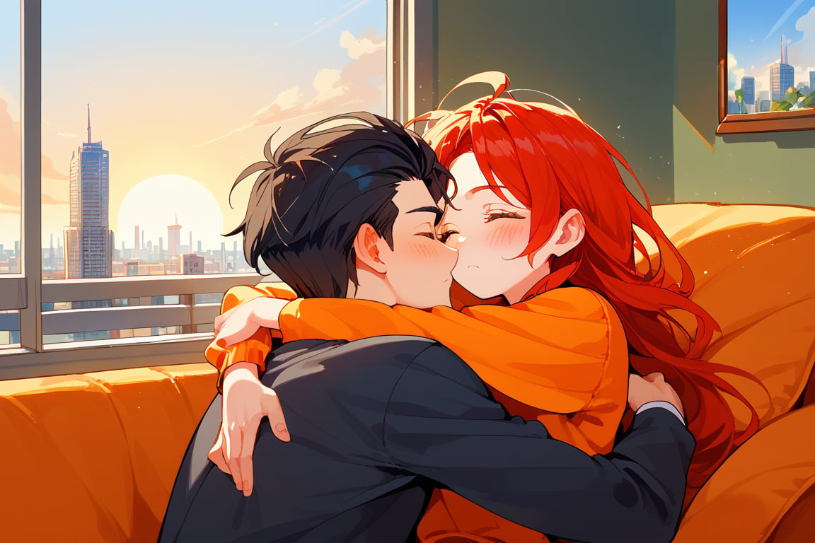 score_9, score_8_up, score_7_up, score_6_up, score_5_up, score_4_up,

1girl (red hair), long_hair, hug, 1boy (black hair), a very handsome man, boy and girl lying on the orange couch, inside of department, boy the boy is on top of the girl, sexy face, girl's shirt raised a little, blushing, hetero, black clothes, image far from here, crepusculo_sky(picture window) sun, sky, long_sleeves, perfect hands, cityscape, jaeggernawt,girlnohead