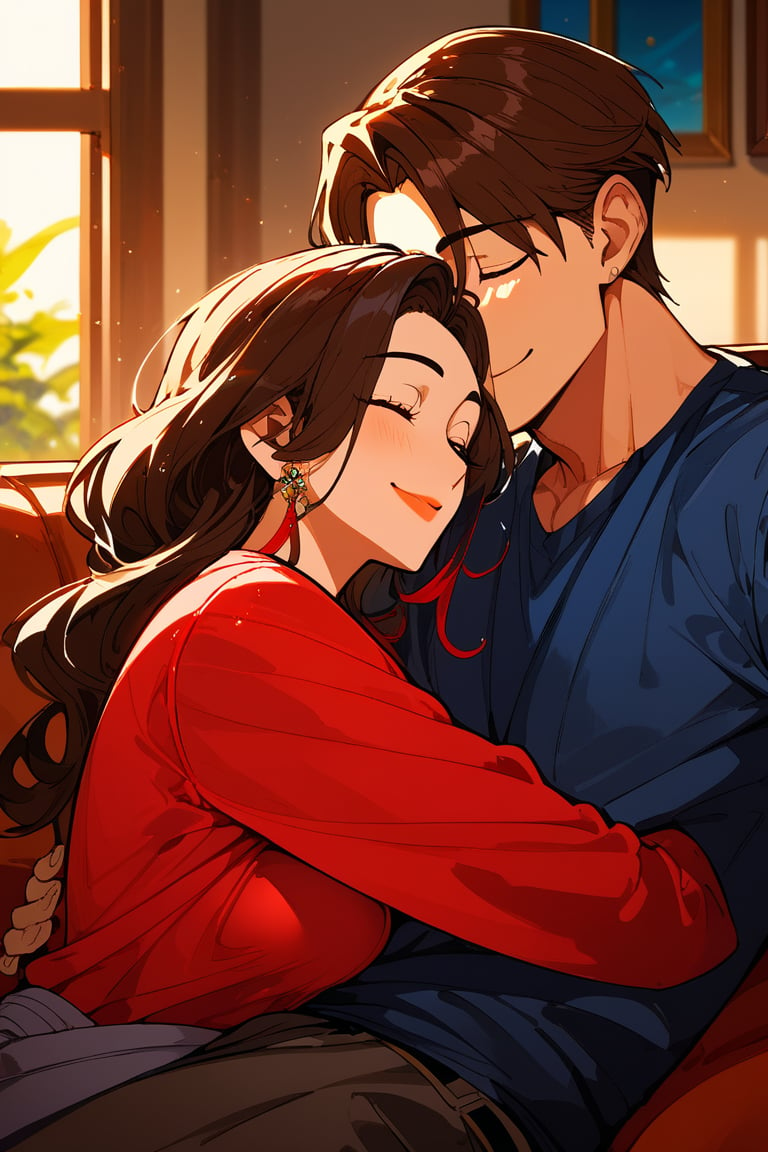 masterpiece, 1_girl, 1_boy, 1_couple, random style, :) ,smile face , warm smile ,high res ,couple wearing home clothes , 8k  ,boy_carry_up_girl_by_hugging_her , smile , eye_on_partner, sleep_on_sofa, fantasy place, focus on couple, very_red_long_hair_female, mature look couple ,hug_each_other ,1boy ,1girl , black color hair , clothes and eyes,High detailed ,more detail XL