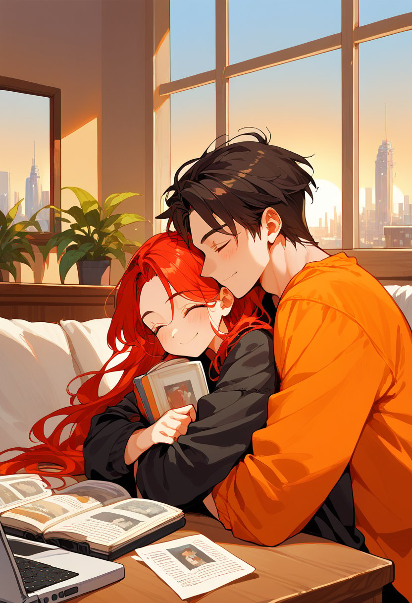 score_9, score_8_up, score_7_up, score_6_up, score_5_up, score_4_up,

1girl (red hair), long_hair, hug, 1boy (black hair), a very handsome man, boy and girl lying on the orange couch, inside of department, boy hugs the girl from behind, covered with a brown blanket, eyes closed, smiling,brown coffe table (brown)in front with many papers and a laptop on thr table, hetero, black clothes, image far from here, crepusculo_sky(picture window) sun, sky, long_sleeves, perfect hands, cityscape, jaeggernawt,girlnohead