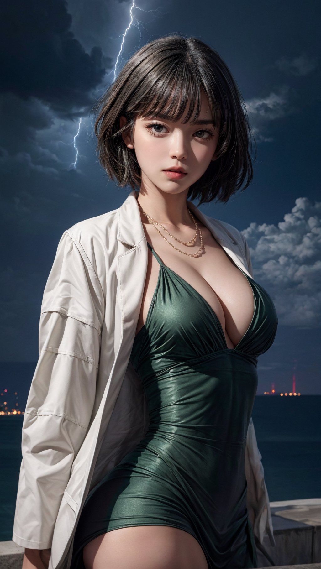 {{{masterpiece}}}, {{{best quality}}}, {{{ultra-detailed}}}, {cinematic lighting}, {illustration}, 1girl, Fubuki, short hair, green hair, green shine, taut green dress, big Pearl necklaces, sexy ass, sexy breasts, cleavage, pretty face, pretty eyes, white coat outside,3DMM, lightning, bad weather background