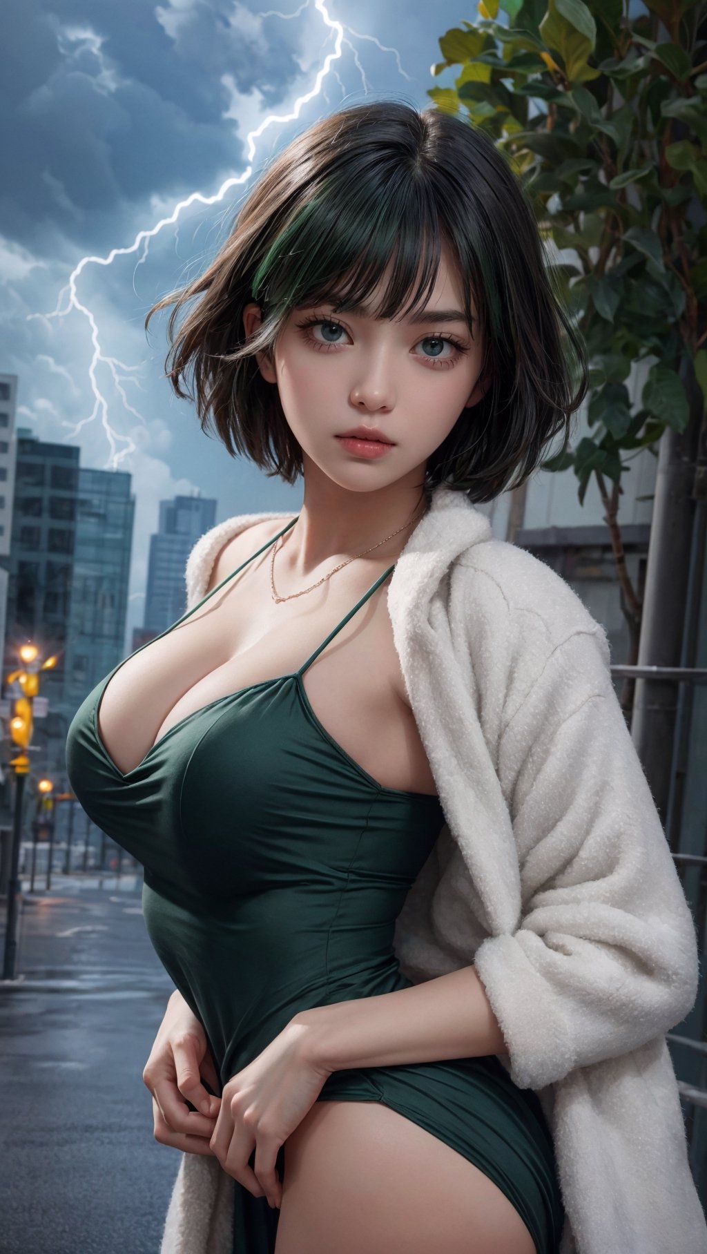{{{masterpiece}}}, {{{best quality}}}, {{{ultra-detailed}}}, {cinematic lighting}, {illustration}, 1girl, Fubuki, short hair, green hair, green shine, taut green dress, big necklace, sexy ass, sexy breasts, cleavage, pretty face, pretty eyes, white coat outside,3DMM, lightning, bad weather background