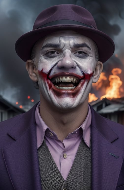 the joker ,  dc_(comics)  ,white flesh , decomposing skin ,zombie human.white skin , open mouth ,fangs, houses on fire background  ), portrait, in a suit, purple coat, long coat, purple  hat on his head,purple trousers,allblacksuit, detailed,bigbyTWAS_soul3142,monster