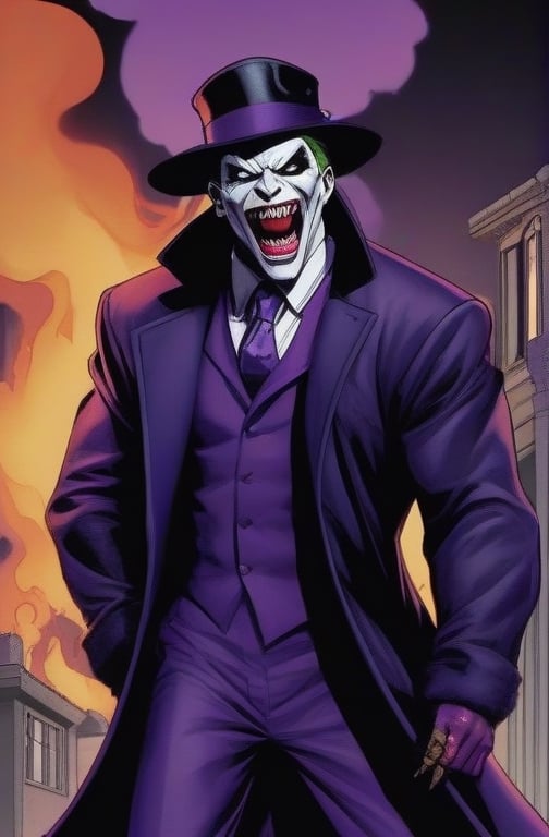 the joke,  dc_(comics)  ,white flesh , decomposing skin ,zombie human.white skin , open mouth ,fangs, houses on fire background  ), portrait, in a prisoner suit, purple coat, long coat, purple  hat on his head,purple trousers,allblacksuit, detailed,bigbyTWAS_soul3142,monster