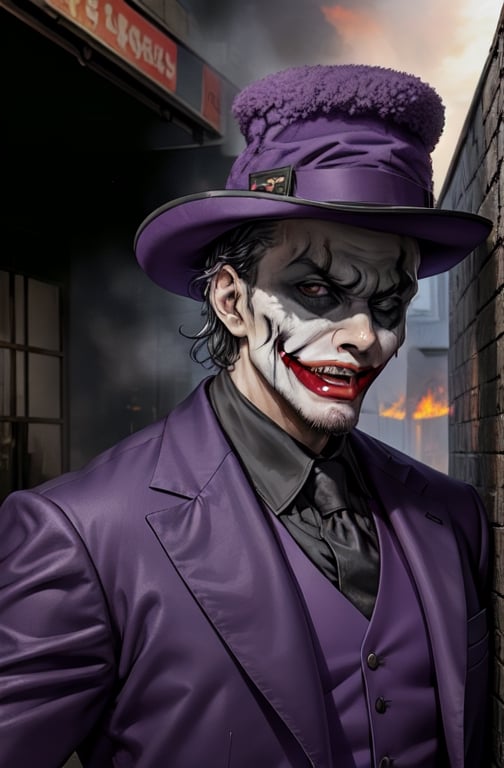 the joker ,  dc_(comics)  ,white flesh , decomposing skin ,zombie human.white skin , open mouth ,fangs, houses on fire background  ), portrait, in a suit, purple coat, long coat, purple  hat on his head,purple trousers,allblacksuit, detailed,bigbyTWAS_soul3142,monster,ded1