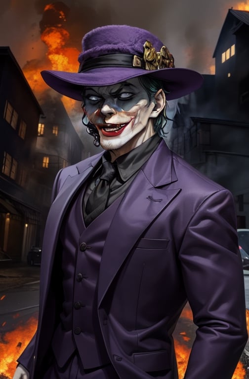 the joker ,  dc_(comics)  ,white flesh , decomposing skin ,zombie human.white skin , open mouth ,fangs, houses on fire background  ), portrait, in a suit, purple coat, long coat, purple  hat on his head,purple trousers,allblacksuit, detailed,bigbyTWAS_soul3142,monster,ded1