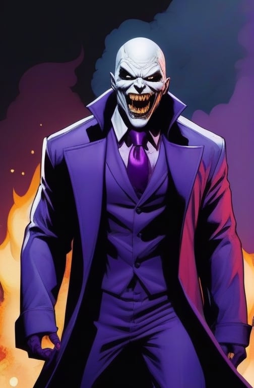 the joke,  dc_(comics)  ,white flesh , decomposing skin ,zombie human.white skin , open mouth ,fangs, houses on fire background  ), portrait, in a prisoner suit, purple coat, long coat, purple  hat on his head,purple trousers,allblacksuit, detailed,bigbyTWAS_soul3142,monster